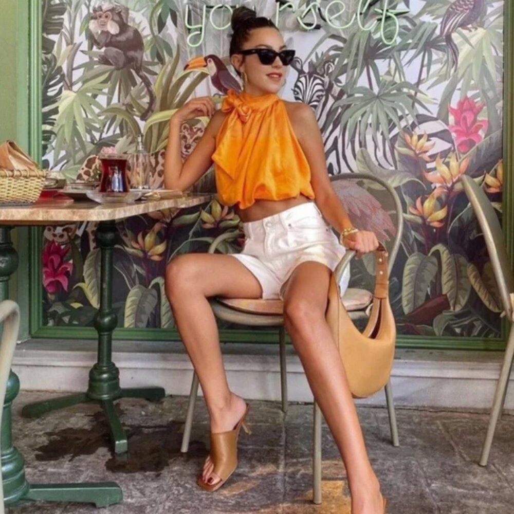 ZARA Orange Satin Halter Tie Neck Wrap Top